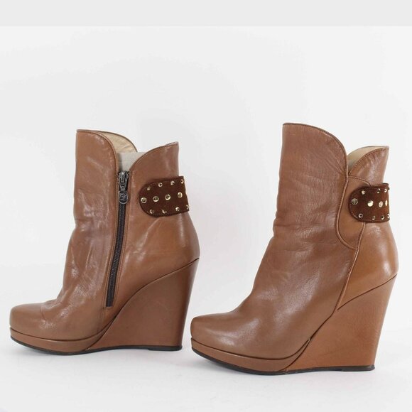 Fiorangelo $436 Sz 38 Brown Winter 100% Leather Wedge 4" Boot - Picture 4 of 12